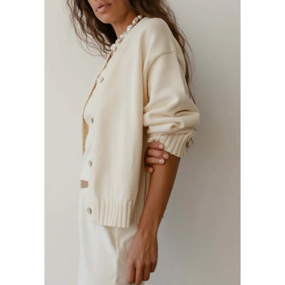 Donni The Cotton Knit Cardigan Sweater Creme Large - Picture 4 of 14